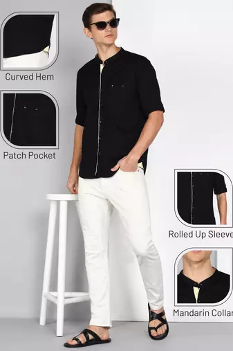 Men's linen cotton mandarin collar casual shirt | chinese collar shirt for men