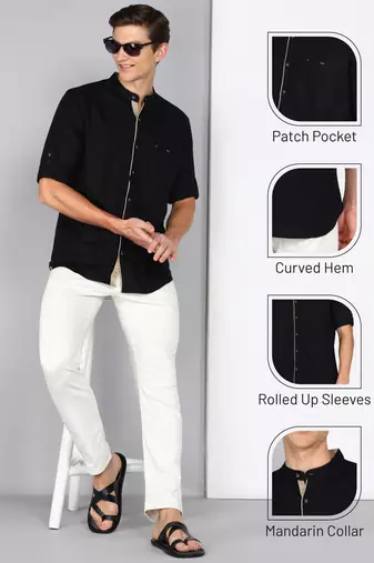 Men's linen cotton mandarin collar casual shirt | chinese collar shirt for men
