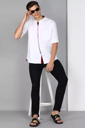 Men's linen cotton mandarin collar casual shirt | chinese collar shirt for men