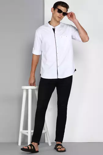 Men's linen cotton mandarin collar casual shirt | chinese collar shirt for men