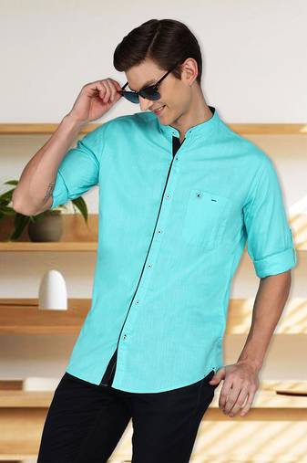 Men's linen cotton mandarin collar casual shirt | chinese collar shirt for men