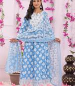 Sky blue women embroidered printed anarkali kurta pant with dupatta set