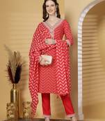 Pink women embroidered printed aline kurta pant with dupatta set
