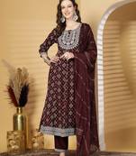 Wine women embroidered printed anarkali kurta pant with dupatta set