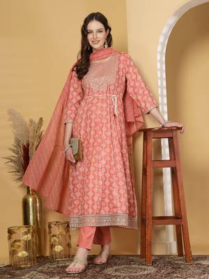 Peach women embroidered printed anarkali kurta pant with dupatta set 1