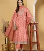 Peach women embroidered printed anarkali kurta pant with dupatta set