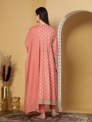 Peach women embroidered printed anarkali kurta pant with dupatta set 2