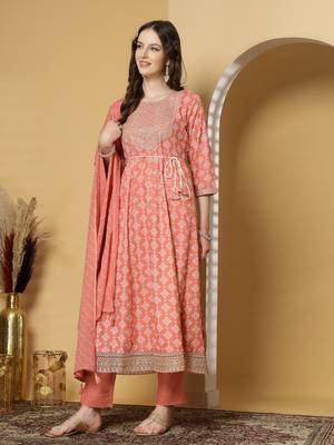 Peach women embroidered printed anarkali kurta pant with dupatta set 3