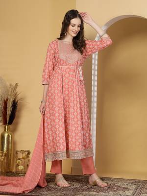 Peach women embroidered printed anarkali kurta pant with dupatta set 4