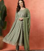Green women embroidered printed anarkali kurta pant with dupatta set