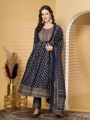 Navy blue women embroidered printed anarkali kurta pant with dupatta set 1