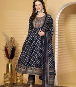 Navy blue women embroidered printed anarkali kurta pant with dupatta set