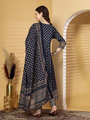 Navy blue women embroidered printed anarkali kurta pant with dupatta set 2