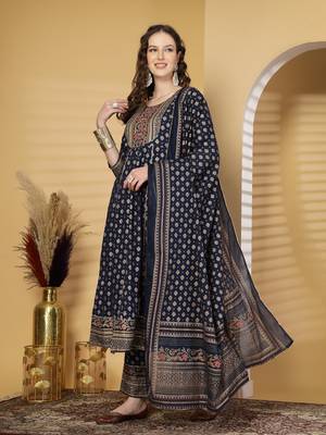 Navy blue women embroidered printed anarkali kurta pant with dupatta set 3