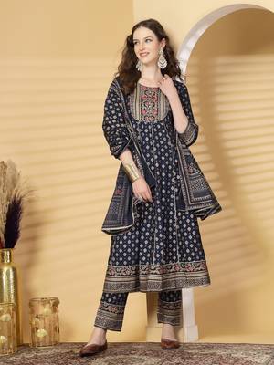 Navy blue women embroidered printed anarkali kurta pant with dupatta set 4
