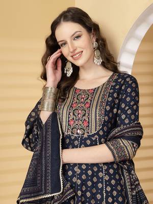 Navy blue women embroidered printed anarkali kurta pant with dupatta set 5