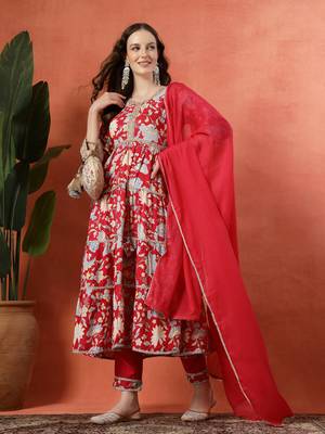 Multicolor women embroidered printed anarkali kurta pant with dupatta set 1
