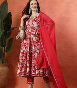 Multicolor women embroidered printed anarkali kurta pant with dupatta set