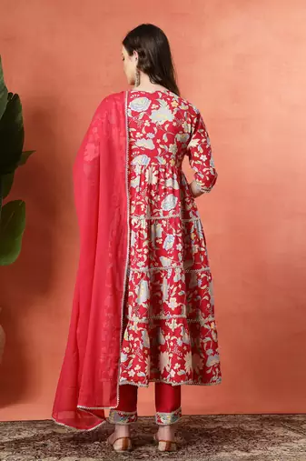 Multicolor women embroidered printed anarkali kurta pant with dupatta set