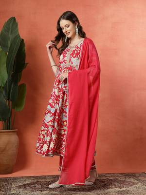 Multicolor women embroidered printed anarkali kurta pant with dupatta set 3