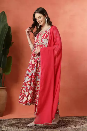 Multicolor women embroidered printed anarkali kurta pant with dupatta set