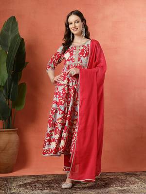 Multicolor women embroidered printed anarkali kurta pant with dupatta set 4