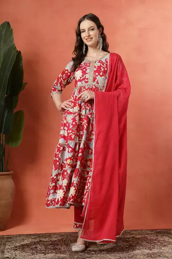 Multicolor women embroidered printed anarkali kurta pant with dupatta set