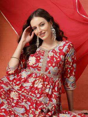 Multicolor women embroidered printed anarkali kurta pant with dupatta set 5