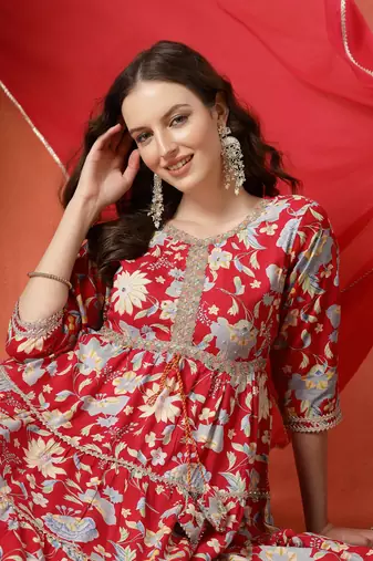 Multicolor women embroidered printed anarkali kurta pant with dupatta set