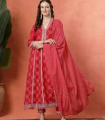 Pink women embroidered lehariya printed anarkali kurta pant with dupatta set