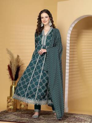 Seagreen women embroidered lehariya printed anarkali kurta pant with dupatta set 1