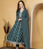 Seagreen women embroidered lehariya printed anarkali kurta pant with dupatta set