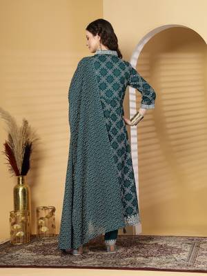 Seagreen women embroidered lehariya printed anarkali kurta pant with dupatta set 2