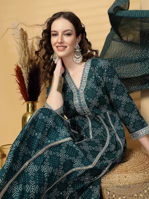Seagreen women embroidered lehariya printed anarkali kurta pant with dupatta set 5