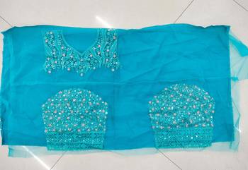 Embroidered turquoise chiffon designer saree 3