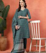 Seagreen women printed aline kurta pant with dupatta set