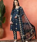 Navyblue women printed aline kurta pant with dupatta set