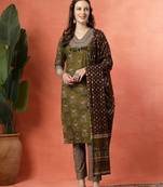 Green women printed aline kurta pant with dupatta set