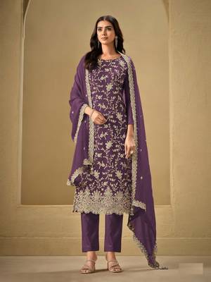 Wine embroidered chinon salwar suit 1