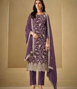 Wine embroidered chinon semi-salwar suit