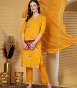 Yellow women printed aline kurta pant with dupatta set