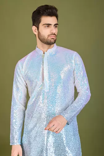 Omber blue georgette thread & sequins embroidered work wedding festival marriage party wear straight kurta