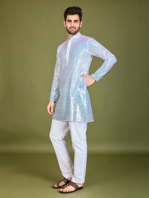 Omber blue georgette thread & sequins embroidered work wedding festival marriage party wear straight kurta 4