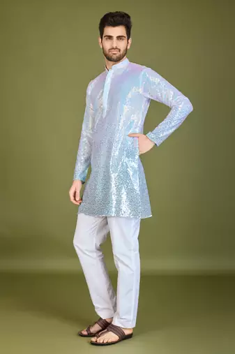 Omber blue georgette thread & sequins embroidered work wedding festival marriage party wear straight kurta