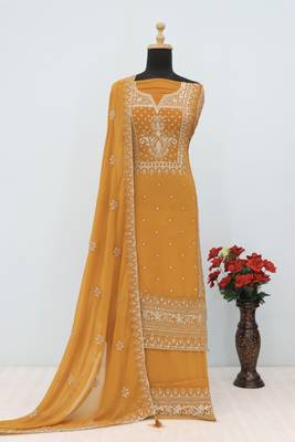 Mustard premium embroidered georgette semi stitched salwar suit 2