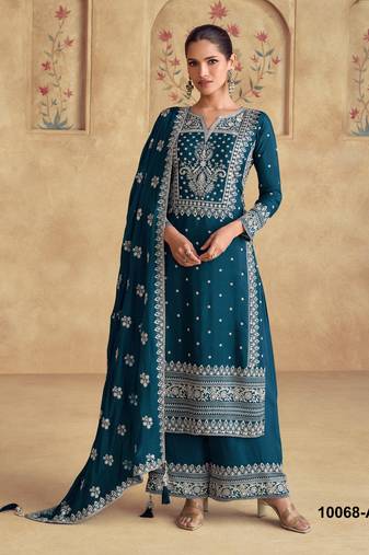 Teal premium embroidered georgette semi stitched salwar suit