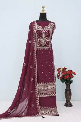 Wine premium embroidered georgette salwar suit 2