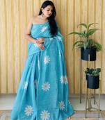 Blue woven linen tassel saree with blouse piece