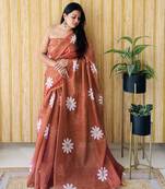 Dark red woven linen tassel saree with blouse piece