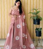 Mauve woven linen tassel saree with blouse piece